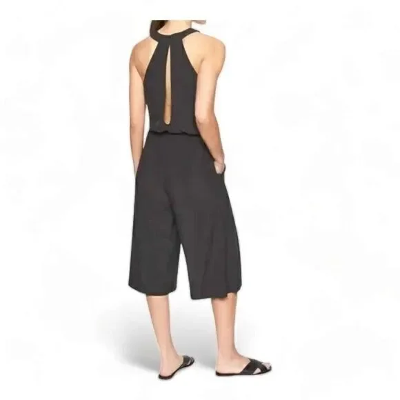 Athleta Mercer Wide Leg Cropped Halter Style Jumpsuit Back Cut Out Black 8 - Picture 3 of 12